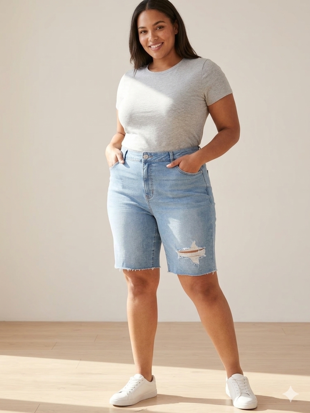 Forever 21 Light Blue Distressed Denim Bermuda Shorts